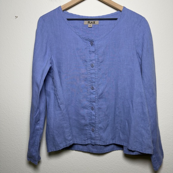Flax Tops - Flax Women 100% Linen Button Front Long Sleeve Blouse Top Blue Petite Lagenlook